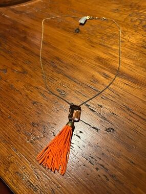 J. Crew Gold-Tone Necklace with Orange Tassel and Amber Pendant